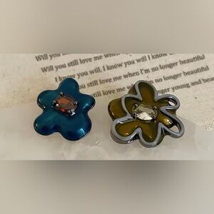 Enamel Flower Earrings in Teal & Olive with Center Stones